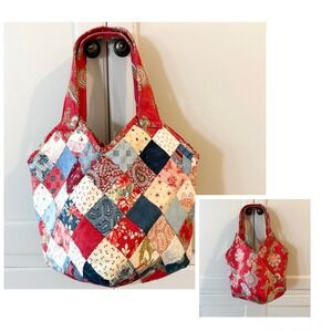 Handmade Quilted Patchwork Mondo Reversible Tote Bag Red Blue Floral Boho